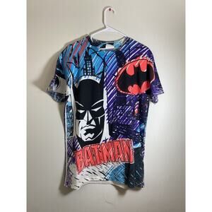 Vintage 90s Batman AOP T Shirt Short Sleeve Mens M Single Stitch DC Comics White